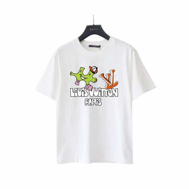 实拍细节图 +尺码表 louis Vuit*On 路易威登 卡通系列Logo短袖T桖 面料 洗水精梳紧密棉盖棉260 柔顺手感 宽松版型设计 男女同款 颜色 黑