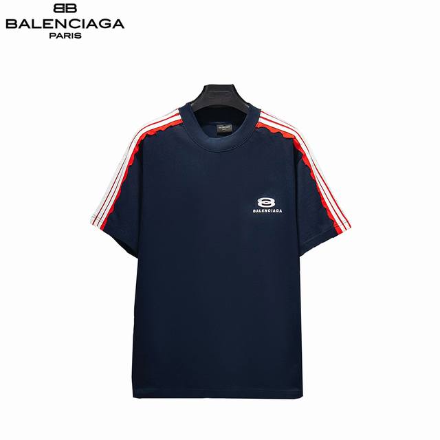 balenciaga 巴黎世家 25Ss 三杠拼色刺绣短袖 两边袖子手工车10条本布捆条 工艺极其复杂 难度大 完美还原 前幅后幅刺绣经典设计元素 进口飞针走线