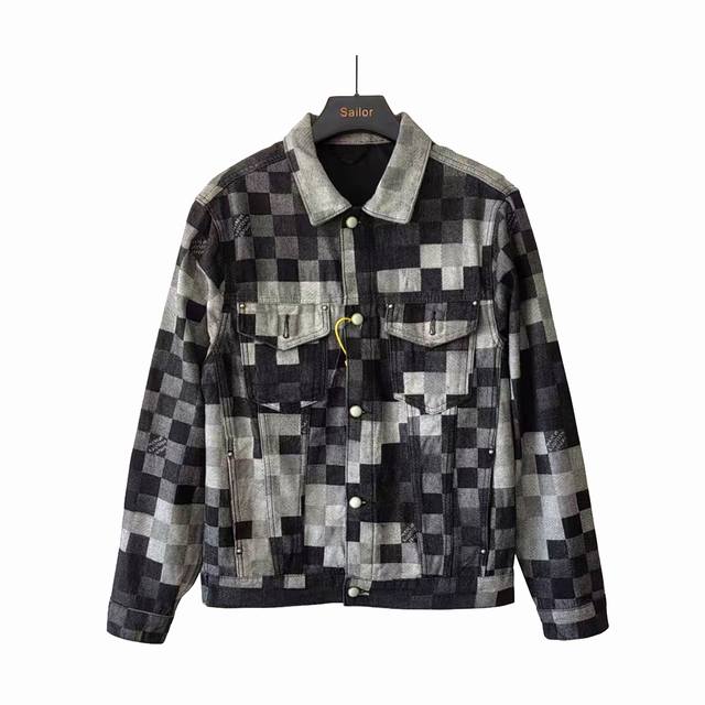 实拍细节图+尺码表 louis Vuitton 路易威登 马赛克菲董联名秋冬牛仔外套 棋盘格日版牛仔 丹宁布全幅Damoflage 提花 整体融入色织提花工艺