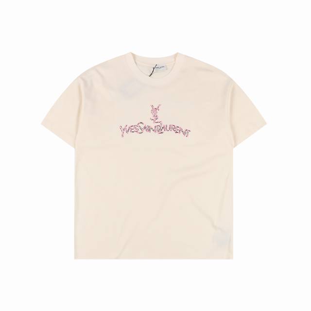 saint Laurent 圣罗兰 25Ss 经典字母Logo撞色刺绣短袖T恤 面料采用定制260G 26支特滑双股精棉平纹高密无尘全棉布料 高密度加厚 走线平