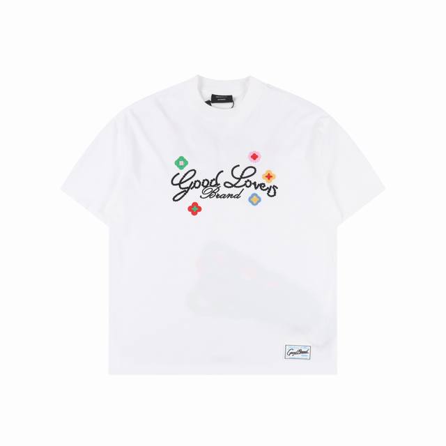 goodbrand 立体小花刺绣标语轻奢时尚高级感短袖T恤 男女同款 350克重面料 颜色 黑色 白色 尺码 S M L Xl