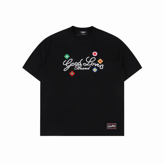 goodbrand 立体小花刺绣标语轻奢时尚高级感短袖T恤 男女同款 350克重面料 颜色 黑色 白色 尺码 S M L Xl
