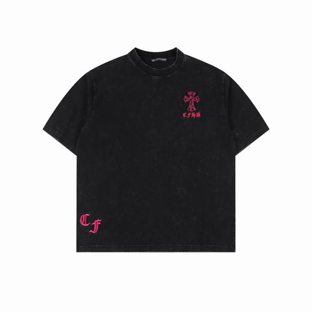 chromehearts 克罗心 25Ss 走秀款十字架贴布刺绣水洗烧花短袖T恤 定制面料300克双纱 后背一整块大贴布 成本极高 美式酸洗做旧原身布激光烧花贴