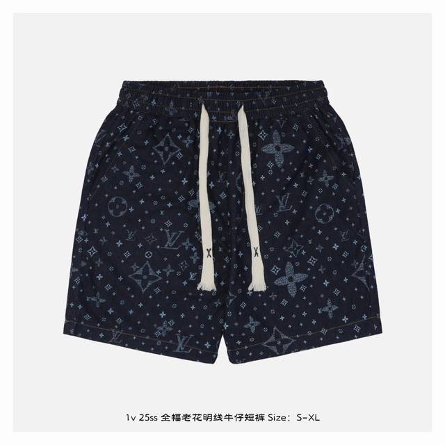 LV 25Ss 全幅老花明线牛仔短裤 采用98%棉2%弹力纤维牛仔面料 印花采用拔染工艺 激光定位裁剪工艺 成衣酵洗工艺 裤子采用松紧 抽绳收腰设计 定制原版黄