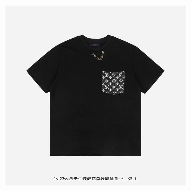 LV 23Ss 丹宁牛仔老花口袋短袖 五金链条点缀领口 简单时尚 上身百搭必入单品 定制240克同缸染面料 手感非常舒服 春夏最新同步 Os落肩版型 时尚又个性