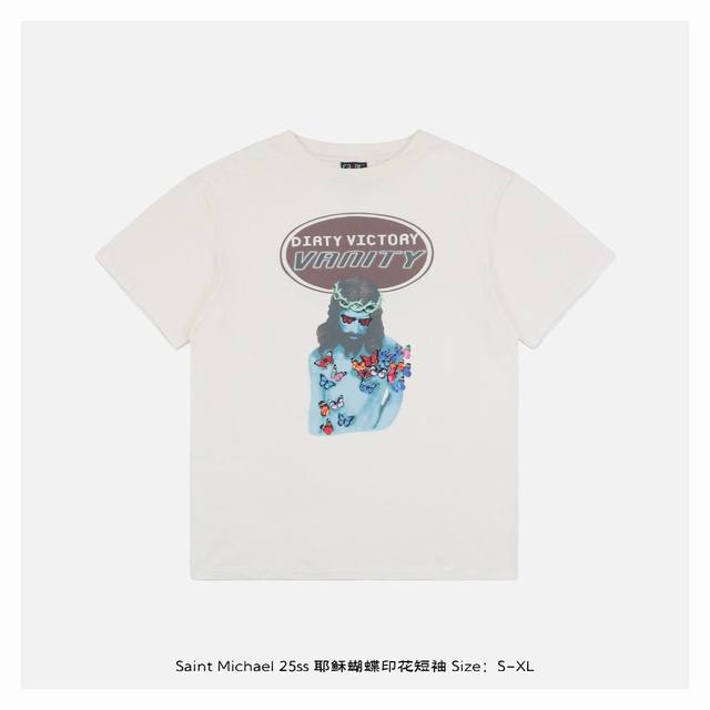saint Michael 25Ss 耶稣蝴蝶印花短袖 整体面料选用 克100%纯棉16织双纱汗布面料 圆筒无侧缝面料 螺纹选用300G100%纯棉1*1弹力无