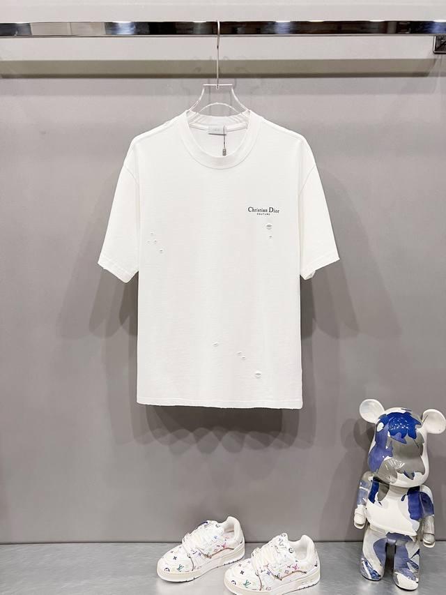dior 迪奥 320克洗水圆领短袖T恤 磨烂领口破洞工艺玲兰花字母Logo印花标识 官方同步 1:1原版开模 时尚个性 百搭潮流 纯原品质 原版洗水面料 吊牌
