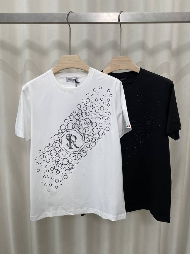 Stefano Ricci 史蒂芬 25春夏新品Sr黑色水晶装饰短袖T恤 后背 袖边经典标志刺绣设计 采用定制80支双股丝光棉面料 黑色 白色 S Xxxl