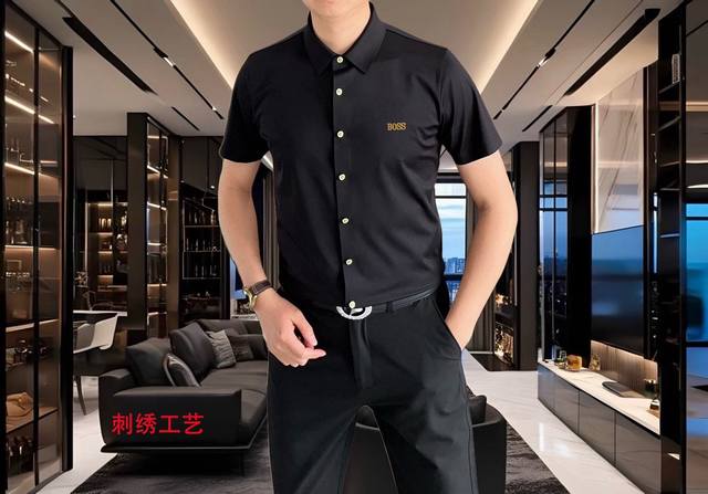 Boss2025春夏新款男士原单休闲短袖衬衫 官网同步发售 简洁时尚百搭 高端品质无缝切割包边 立体刺绣字母Logo设计 定制进口锦氨天丝棉面料 弹力大 不起皱