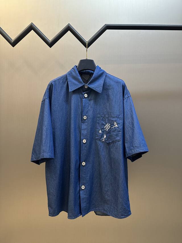 Lv 帆船刺绣青年布短袖衬衣 采用全棉紧密青年牛仔布 进口刺绣 成衣洗水 定制1:1珠光纽扣 size S M L Xl