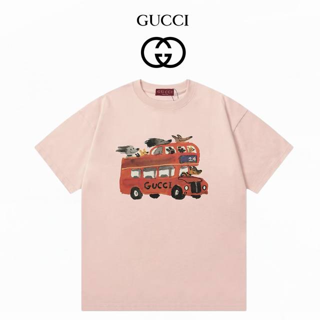 Gucci古驰 趣味卡通动物巴士 数码直喷工艺 280克双纱短袖 粉色 Xs-L