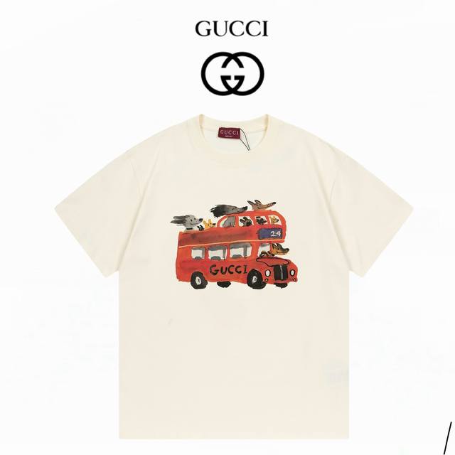 Gucci古驰 趣味卡通动物巴士 数码直喷工艺 280克双纱短袖 杏色 Xs-L