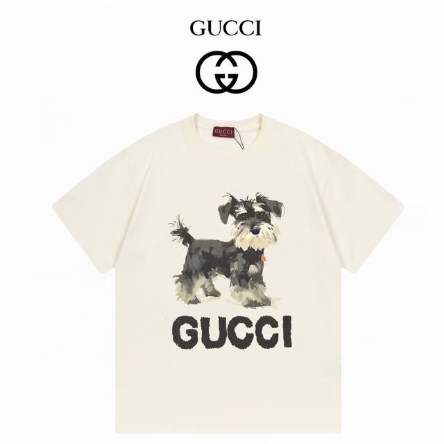 Gucci古驰 雪纳瑞数码直喷无感印花 280克双纱短袖 杏色 Xs-L