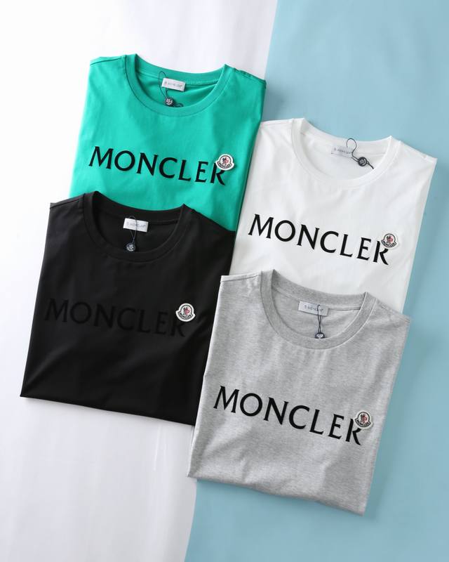 Mon*扣25Ss夏季新款高支丝光棉布基础圆领短Tee 男士胸植绒字母印花徽标时尚休闲圆领短袖T恤衫 贸易公司渠道稀出 同步Gw发售 M家最新款极简风纯色短Te