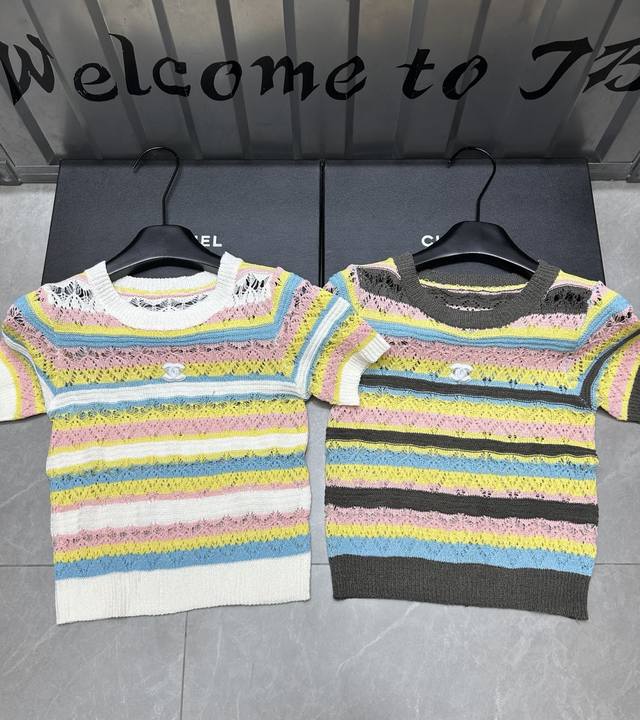 新品上线 款号:28892# #香香撞色条纹镂空短袖