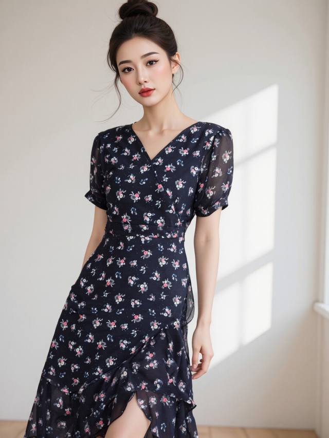 连衣裙 春夏新款 优雅短袖中长裙V领优雅碎花荷叶边侧开叉鱼尾连衣裙Smlxl
