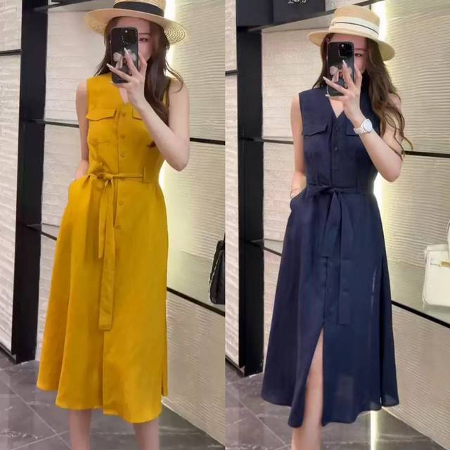 连衣裙 面料 亚麻 全部包缝工艺 口袋也是包缝工艺 时尚减龄V领无袖连衣裙女设计感背心裙长裙双色四码 Smlxl