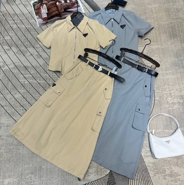 pr141 2025夏季新品两件套 翻领收腰拉链上衣 钉三角标 搭配1字版型工装半裙配皮带两侧大口袋设计休闲风 2色Sml.