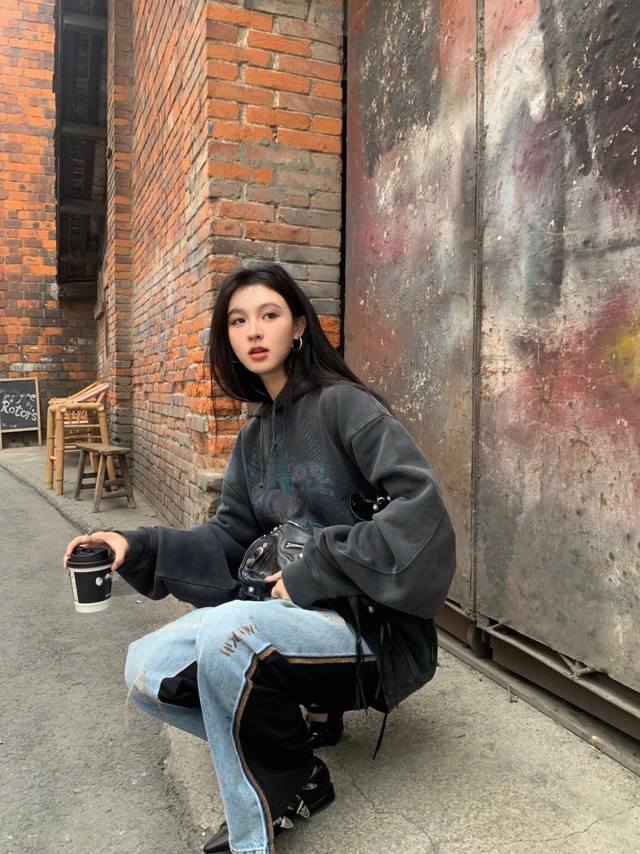 25Ssopenyy 韩素希同款度假超出片拼色牛仔裤Sml 黑