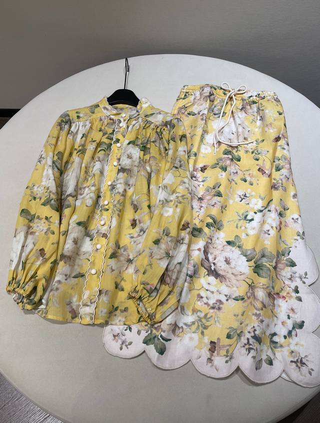 上衣 半裙 尺码 S M L zimmermann苎麻Acacia印花扇贝形边衬衫+半裙套装 甄选100%苎麻面料 触感轻柔 透气散热 夏日穿着清爽无负担 灯笼