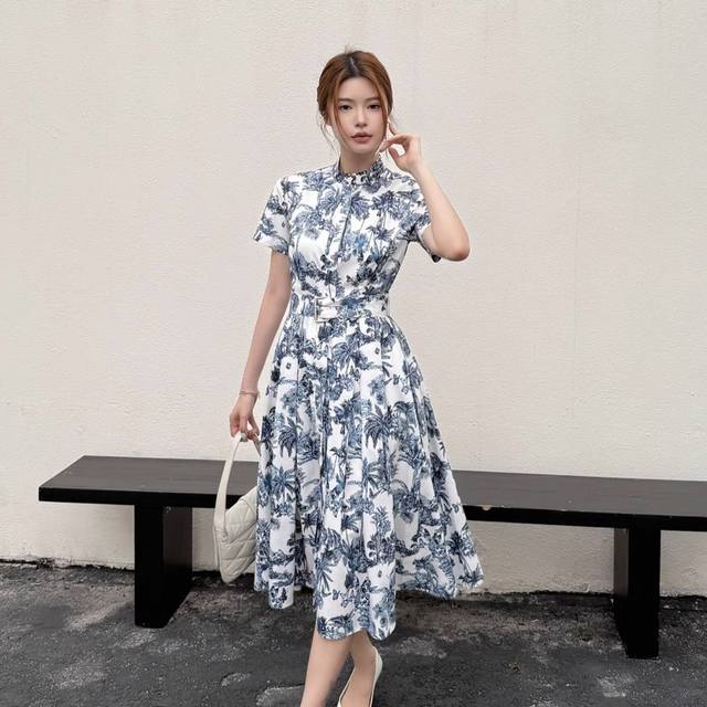 连衣裙 南油高定2025夏季新款法式复古风收腰印花气质短袖翻领长款连衣裙 面料 棉混纺 Smlxl M码胸围90肩宽36腰围76裙长113 每个码胸围平铺腰围相