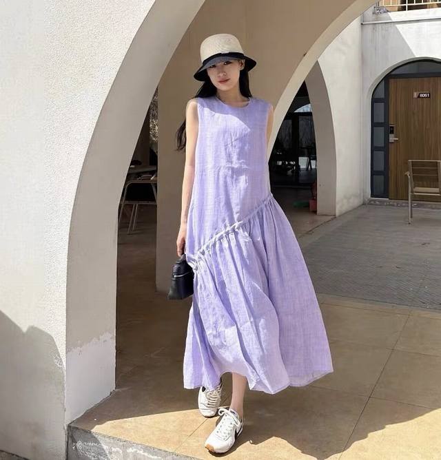 连衣裙 高端苎麻无袖连衣裙女文艺国风旅游长裙子显瘦设计感小众粉色夏季 面料 苎麻 Smlxl M码胸围98肩宽35腰围102裙长117 每个码胸围平铺腰围相差