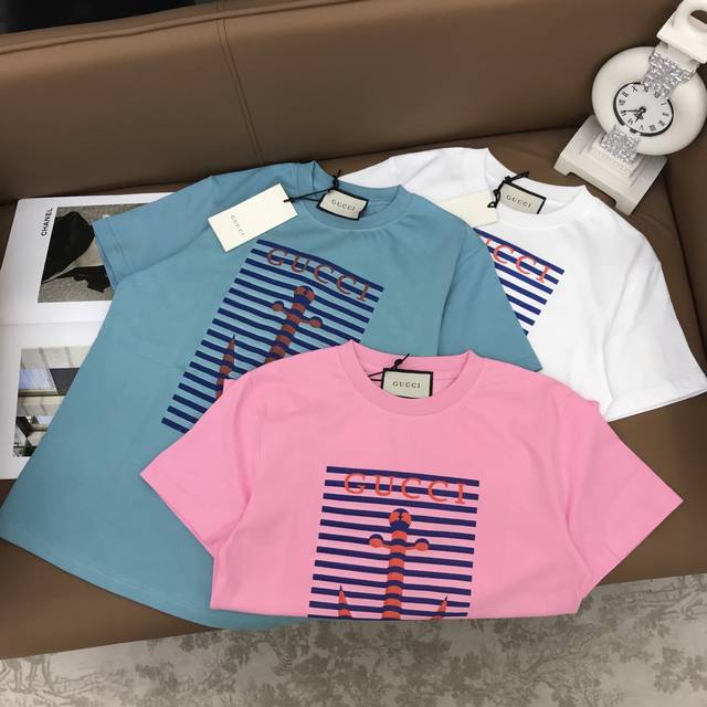 新品定制S, M, L Gucc**条纹船锚图案圆领短袖T恤 白色粉色蓝色