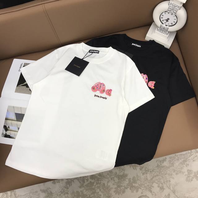 新品定制S, M, L palm**刺绣小熊彩钻字母圆领短袖T恤 黑色白色