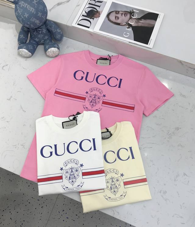 新品定制S, M, L Gucc**海军微标字母Logo圆领短袖T恤 白色杏色粉色