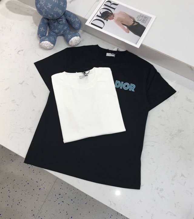 新品定制S, M, L Dir**简约百搭植绒Logo圆领短袖T恤 黑色白色