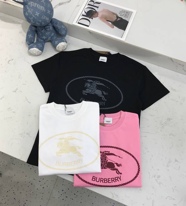 新款定制 S M L Bur**麻花战马Logo印花圆领短袖T恤 黑色白色粉色
