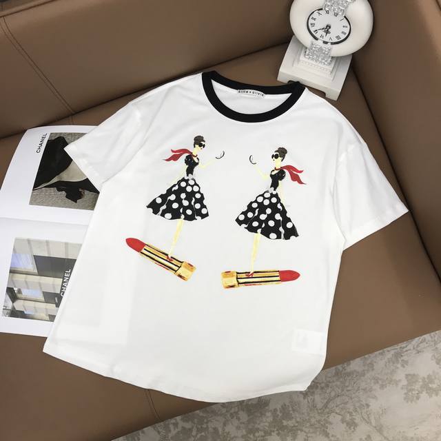 新款定制 S M L Alice**小众领口撞色口红波点裙女孩圆领短袖T恤 白色