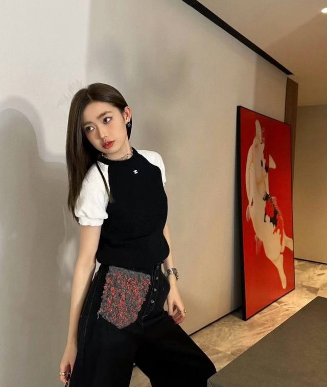 新款Chane*黑白拼色双C钻扣针织短袖