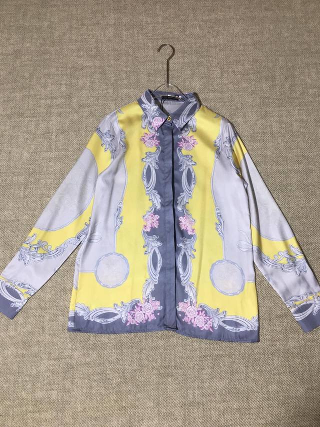Versace 范思哲 灰黄色蝴蝶结巴洛克印花长袖翻领衬衫 Smlxl