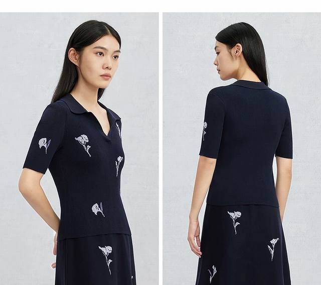 Er 花卉V翻领短袖 模特图