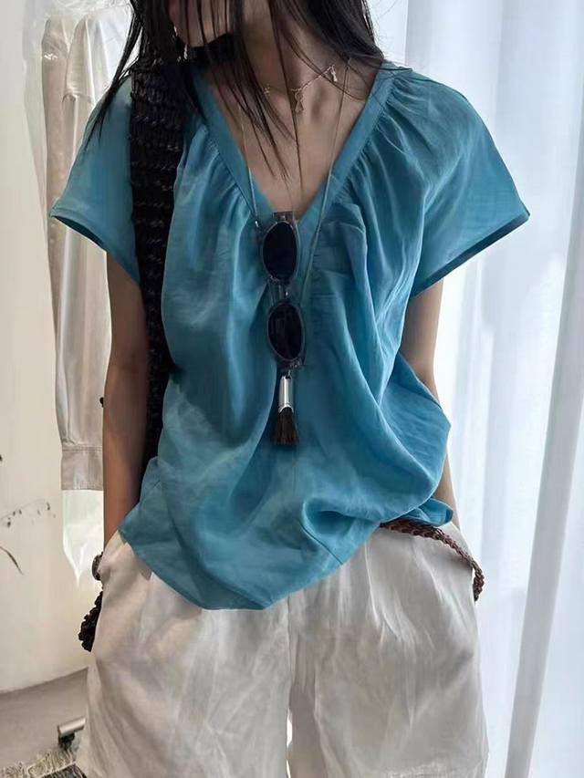 上新 爆款亚麻百搭上衣 设计感飞飞袖V领手工捏褶宽松显瘦亚麻衬衫 欧洲站新款时尚洋气小衫潮 蓝色 藏青Smlxl