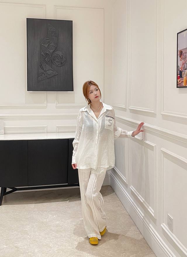 套装 小香 麻料衬衣麻料长裤 Cha* 小香中古Vintage系 中古5号衬衫 休闲简约简单 白色 码数 Sml