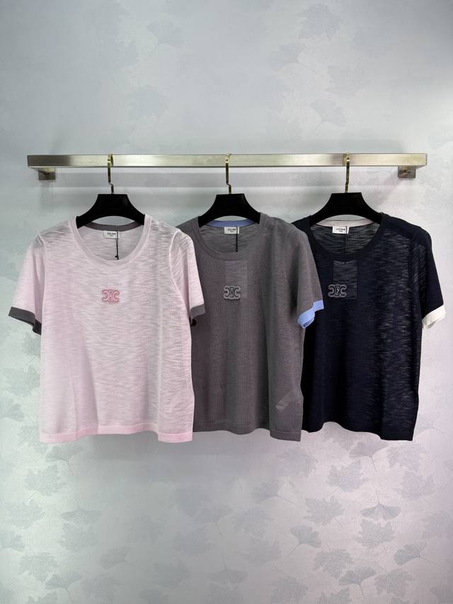 Celin*短袖针织上衣 三色可选 粉色 灰色 深蓝色 经典圆领设计 面料舒适 适合日常休闲穿搭 3色3码Sml
