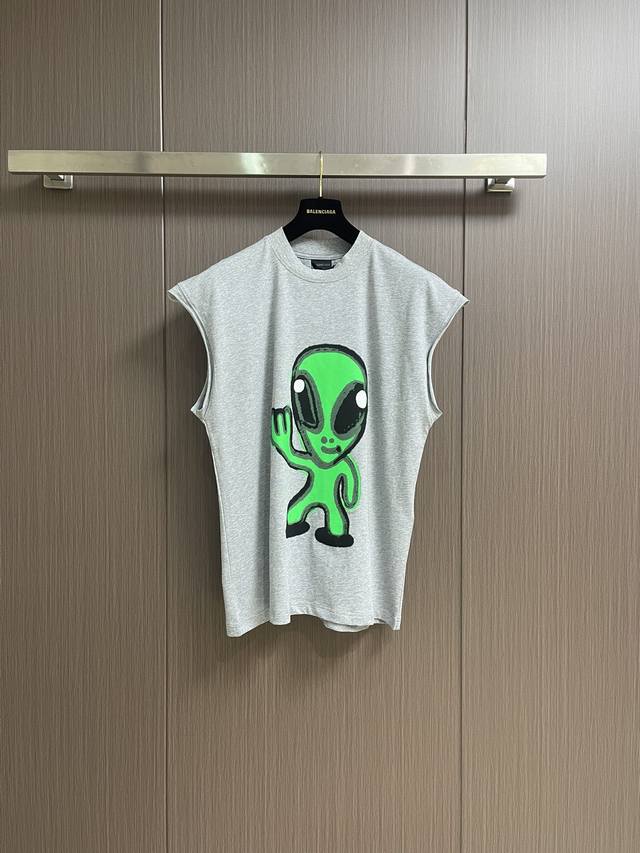balenciaga 2025Ss新款无袖T恤背心 正面以Hithg there+Dripley艺术作品直喷印花 前面印外星人 后面印笑脸无袖 面料采用巴黎Zp