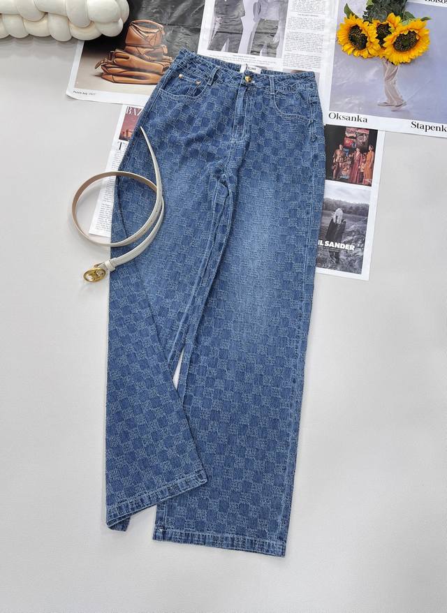 Celin* 25Ss春夏新款 格子提花凯旋门腰带牛仔长裤丨独家高版出品 上身绝对王炸牛仔裤 裤型质感真的绝了高腰宽松的版型 恰好的裤长 拉伸腿部线条 营造利落
