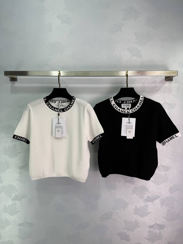 Chane*25夏季女装新款亲肤凉爽100%绢丝 圆领提花字母立体浮雕针法 弹力修身版型短装短袖精致气质时尚百搭 粉色 黄色 黑色 米白 4色 尺码Sml T2