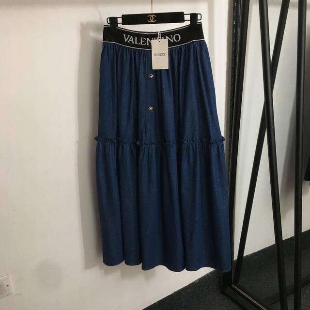 款号20253207 Valentin*新款 木耳边字母织带高腰牛仔半裙 蓝色 S-Xl M码 腰围66弹力 长89