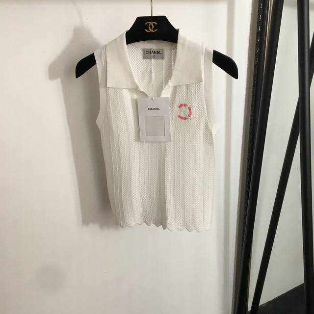 款号20253187 Chane*新款 亮片Logo翻领针织背心 白色 粉色 黄色 黑色 均码 胸围66 衣长48