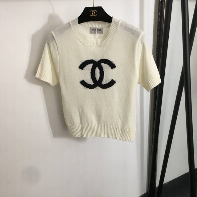 款号20253181 Chane*新款 撞色Logo套头短袖针织衫 上衣 白色 粉红色 绿色 均码 肩宽36 胸围80 袖长20 衣长59
