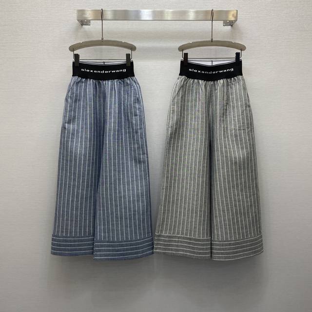 aw*25Ss 气质松紧高腰条纹九分阔腿裤 高级面料 颜色:图片2色 面料 亚麻面料 Smlxl