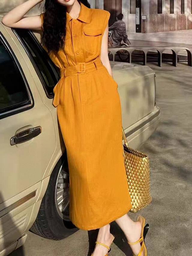 翻单出货 力荐 主推 高级感无袖背心工装连衣裙 上身秒变纸片人 收腰显瘦百搭款 黄色.白色两色四码Smlxl