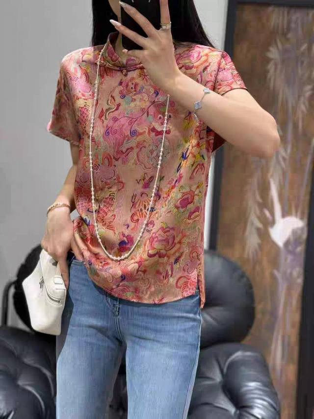 爆款推荐 重磅 100%人丝香云纱 夏气质百搭时尚复古印花中式立领人丝香云纱衬Smlxl