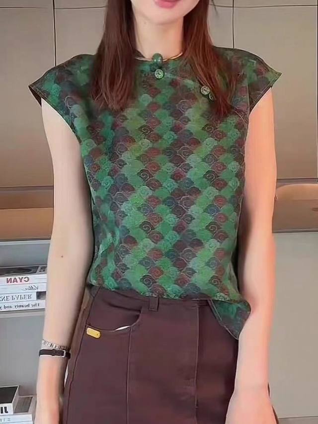 夏季新款香云纱新中式国风小立领印花小飞袖衬衫 三色四码 S M L Xl