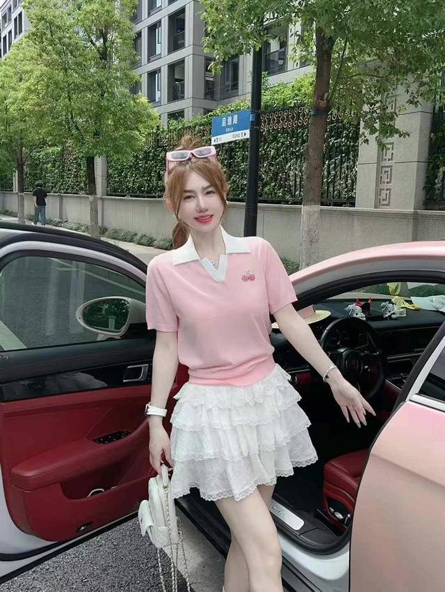 粉色polo领短袖针织T恤新款独特漂亮绝美休闲百搭上衣 均码 天丝