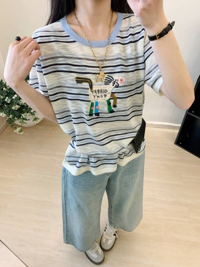 卡通刺绣小马短款宽松休闲条纹T恤韩系百搭显瘦上衣 均码 亚麻